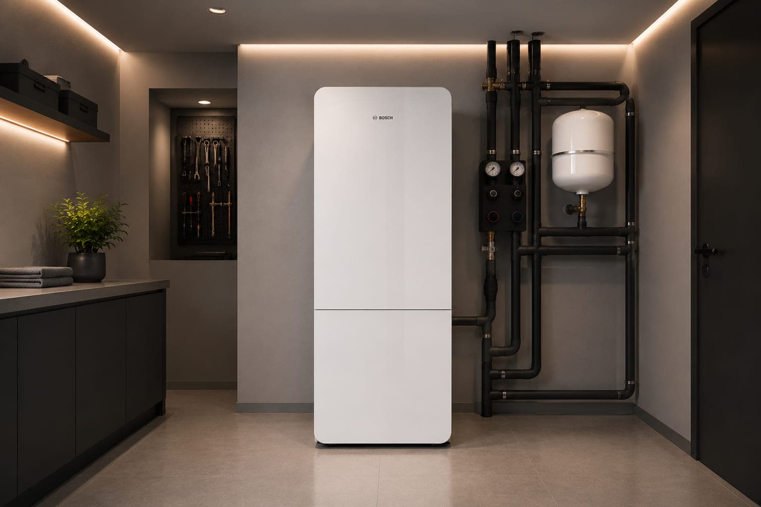 Bosch Wärmeerzeuger mit Anbindeleitungen im Technikraum
