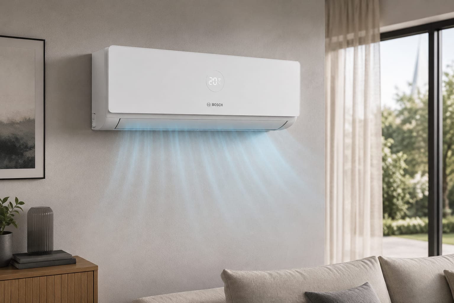 Bosch Klimasplitgerät an der Wand eines hellen Wohnzimmers