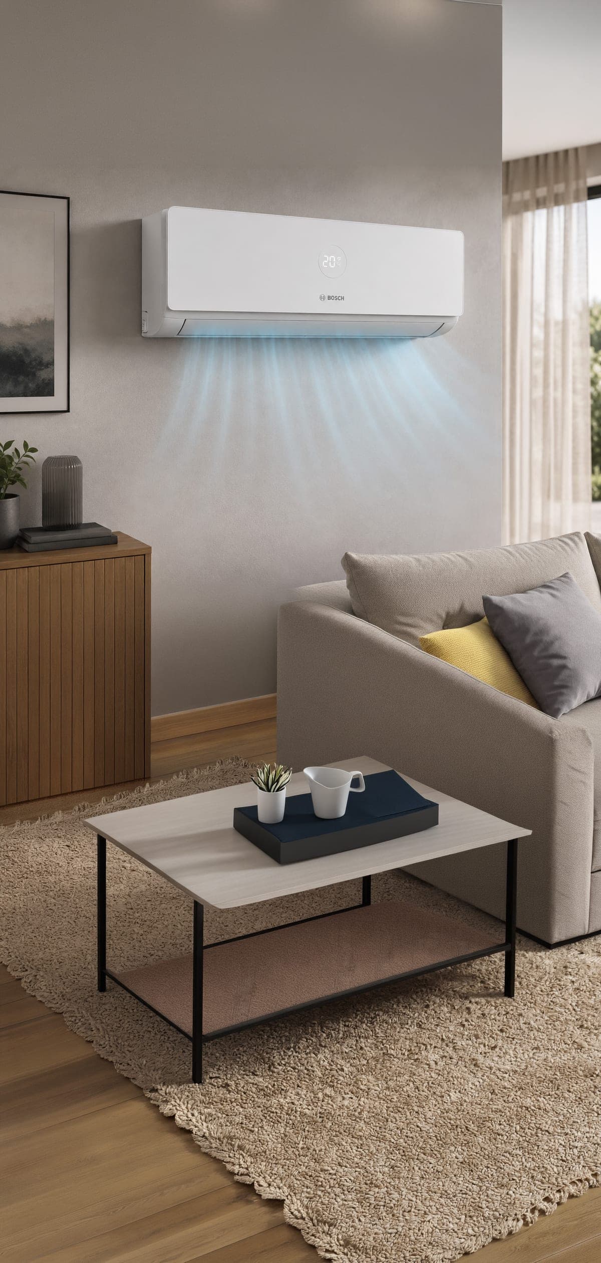 Bosch Klimasplitgerät an der Wand eines Wohnzimmers