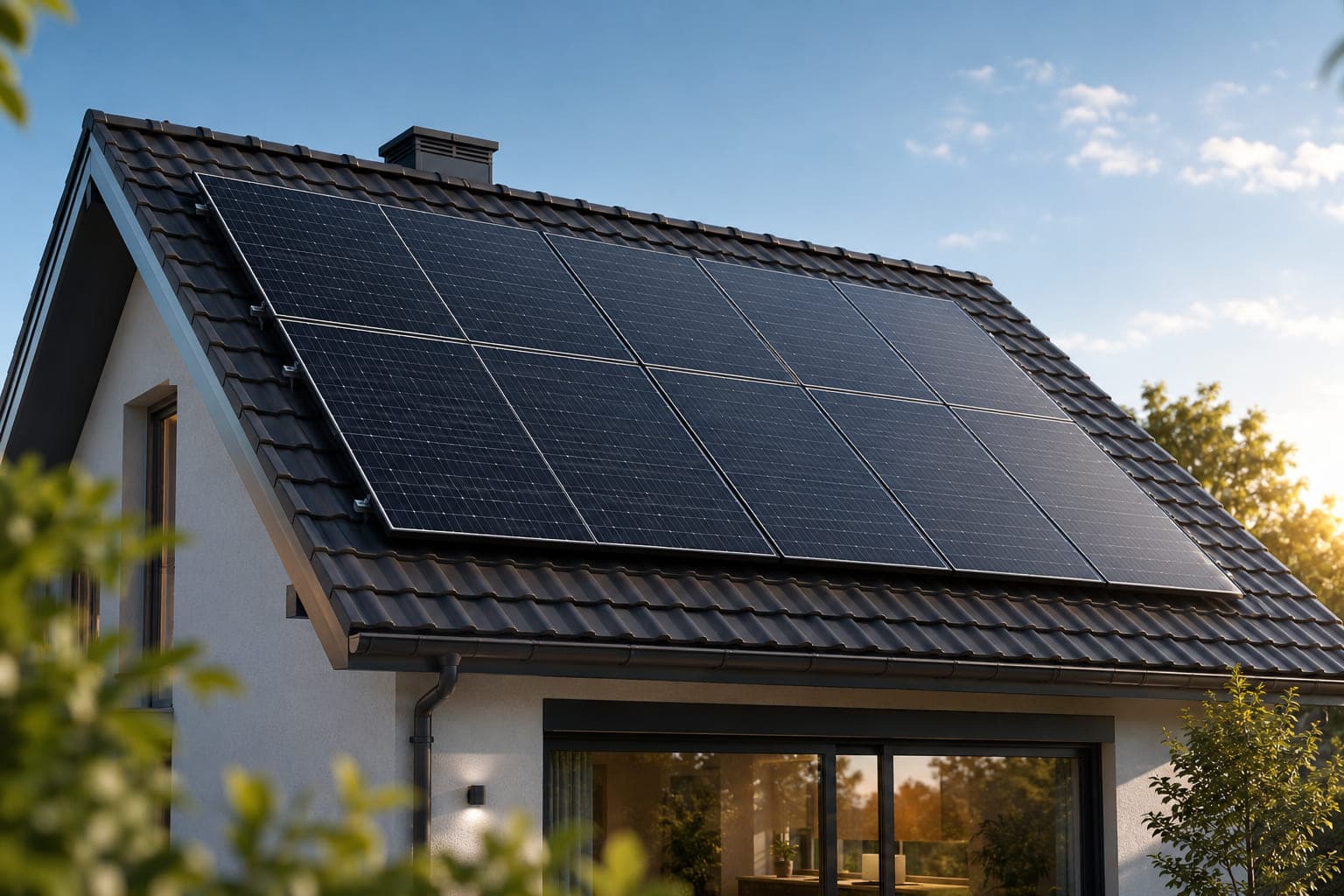 Photovoltaikmodule auf dem Ziegeldach eines Einfamilienhauses